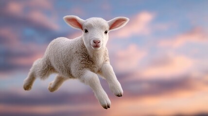 Fototapeta premium Playful white lamb leaping high, silhouetted against radiant sunset sky with glowing and colors orange pink