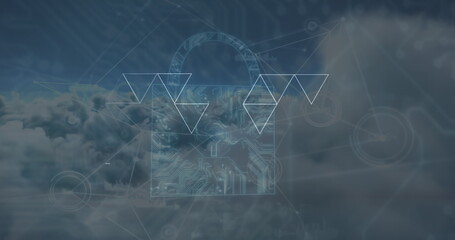 Displaying translucent padlock icon floating over clouds, with world overlay and network nodes