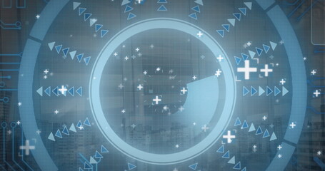 Displaying central HUD with concentric rings and circuit lines over grid on digital screen