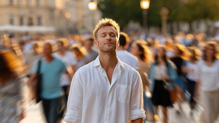 Serene man enjoying moment of mindfulness amidst bustling city crowd, finding in peace urban inner environment