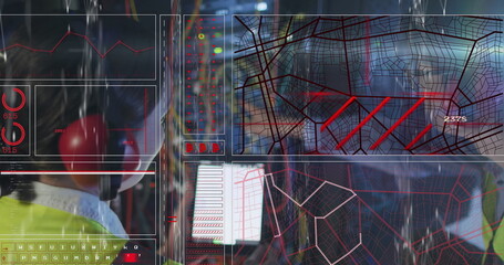 Monitoring woman in safety vest and headset viewing network maps at console with panels, copy space