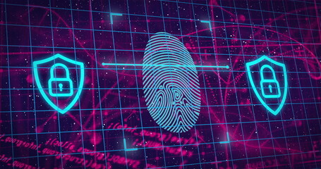 Displaying virtual security interface scanning fingerprint icon in neon grid with two shield icons