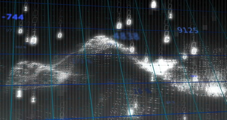 Displaying cascading binary streams forming lit mounds on teal grid in space, with floating labels