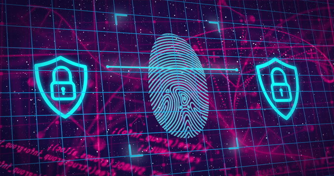 Displaying virtual security interface scanning fingerprint icon in neon grid with two shield icons