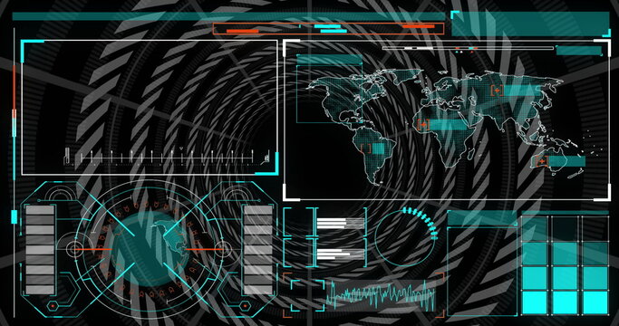 Displaying futuristic UI scanning streams on dashboard, with world map, radar display, grid panels