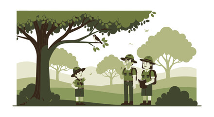 Educational Nature Walk With Park Rangers And Young Explorer In Forest