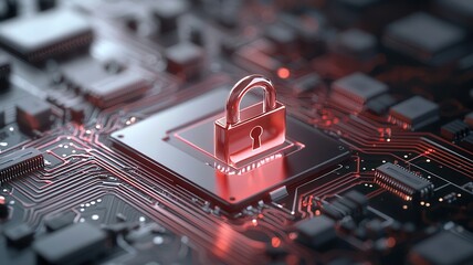 Glowing red lock securing microchip on computer motherboard, symbolizing cybersecurity protection data and