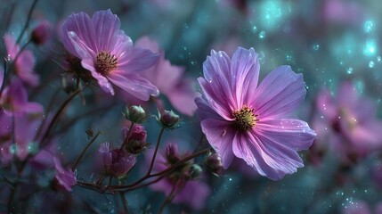 Soft pink cosmos flowers, ethereal glow