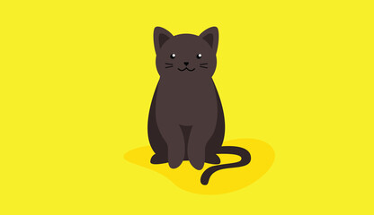 Cute black cat sitting on a yellow background. Vector illustration.