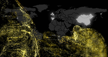Displaying dotted world map showing data flows on screen, with country markers and golden streams