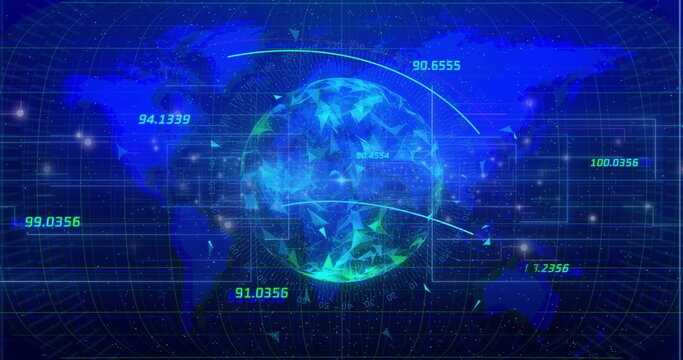 Central 3D globe glowing with triangular grid overlay in virtual interface, with curved data arcs