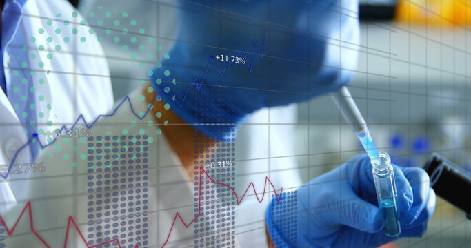 Gloved researcher pipetting blue liquid into test tube on lab bench, with financial +11