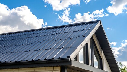 Modern House Roof with Dark Metal Tiles and Blue Sky with Clouds