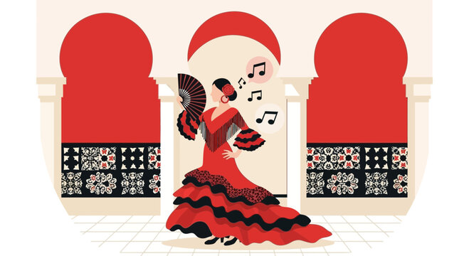 Elegant Flamenco Dancer In Classic Red Dress And Traditional Architecture