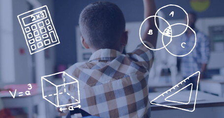 Raising student wearing plaid shirt signaling question in STEM lab, with math doodles and monitors