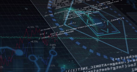 Rotating cyan wireframe 3D shape over data grid, with colorful graphs, code snippets, green glows
