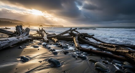 Driftwood beach at golden sunset with dramatic crepuscular rays breaking through dark clouds over ocean waves and rugged coastline. Serene nature landscape.