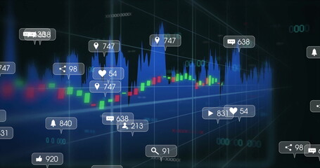 Trading interface displaying candlestick chart moving on grid and trend line with floating icons
