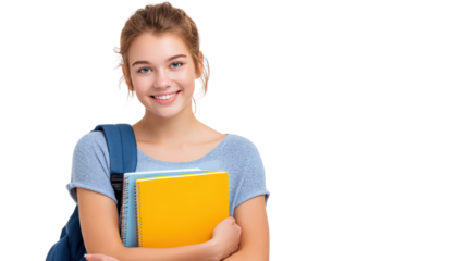 Confident student girl holding schoolbag and book background isolated on a Transparent background, PNG file.