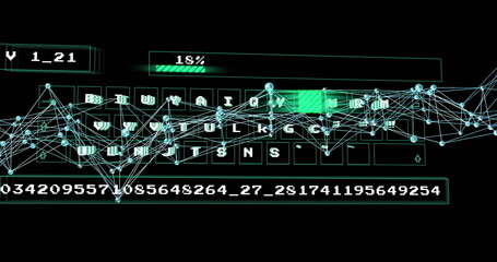 Displaying QWERTY keyboard in digital interface with node grid, green 18% progress bar, code panel