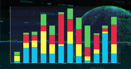 Displaying stacked bar chart on data dashboard with numeric labels, dotted line and digital globe