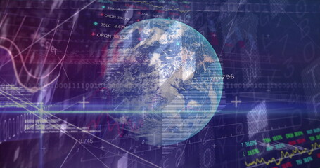 Displaying 3D Earth globe rotating in high-tech interface, with stock tickers and binary code