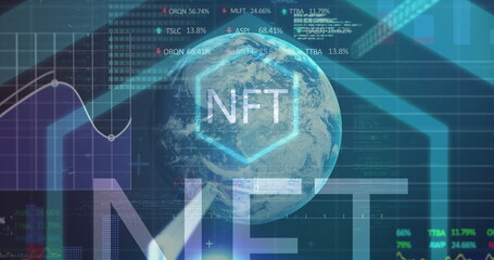 Displaying holographic UI showing rotating globe, NFT hexagon, grids, financial charts, tickers