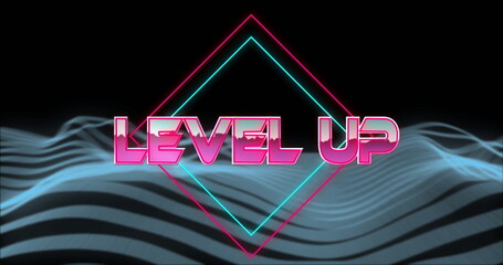 Featuring neon LEVEL UP text glowing in retro future scene, with pink cyan diamonds, striped wave