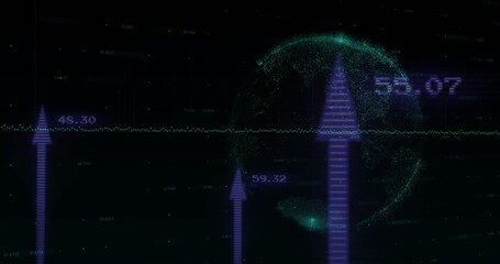 Displaying ascending arrow graphs with 3D digital globe on display with numeric labels and waveform