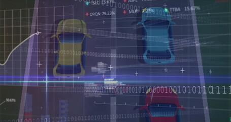 Showing yellow blue red cars navigating roadway on traffic dashboard, with binary and grid overlays