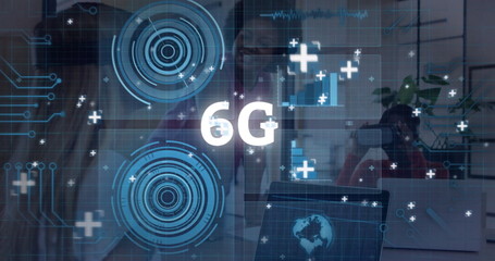 Projecting 6G holographic interface and digital world map dominating office workspace, with laptops