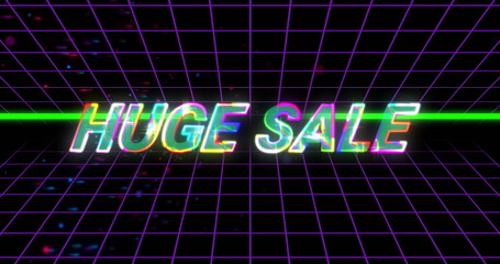 Glowing neon text HUGE SALE dominating futuristic grid, with green beam and light particles