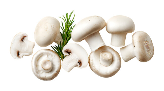 White champignon mushrooms with rosemary isolated on a transparent background