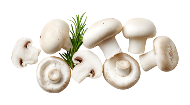White champignon mushrooms with rosemary isolated on a transparent background