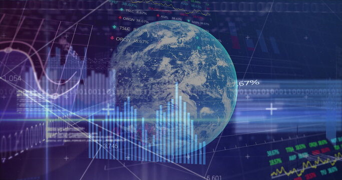 Rotating 3D Earth globe displaying market data in virtual dashboard, line graphs and binary streams