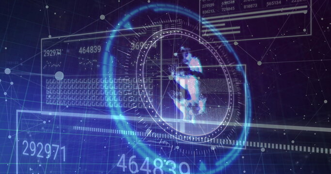 Displaying holographic globe display rotating within digital interface, with numeric data and grids - Powered by Adobe