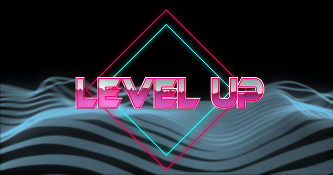 Featuring neon LEVEL UP text glowing in retro future scene, with pink cyan diamonds, striped wave