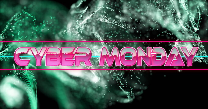 Displaying neon pink CYBER MONDAY text glowing on dark backdrop in retro art, with green particles - Powered by Adobe