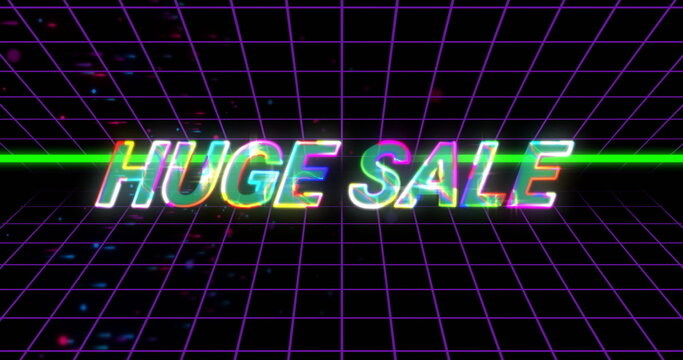 Glowing neon text HUGE SALE dominating futuristic grid, with green beam and light particles - Powered by Adobe