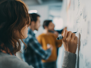 A cinematic DSLR photo of a person writing on a whiteboard while others watch. The background is white. The angle is from the side, showing the interaction. The details are abundant and the resolution