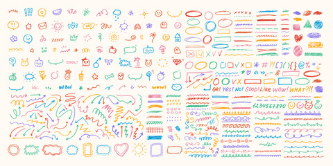 Cute doodle design elements. Text marks, arrows, heart, sun. Hand drawn symbols, characters. Sketch line style. Arrows, borders, ornaments, textures. © olechkaart