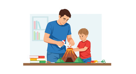 Father And Son Enjoy Quality Time Building A Volcano Model Together