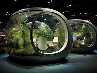 Fototapeta premium Unique office pods for collaboration and focus offering a modern and serene workspace design solution