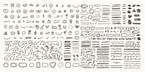 Cute doodle design elements. Text marks, arrows, heart, sun. Hand drawn symbols, characters. Sketch line style. Arrows, borders, ornaments, textures.