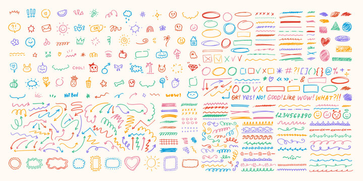Cute doodle design elements. Text marks, arrows, heart, sun. Hand drawn symbols, characters. Sketch line style. Arrows, borders, ornaments, textures.