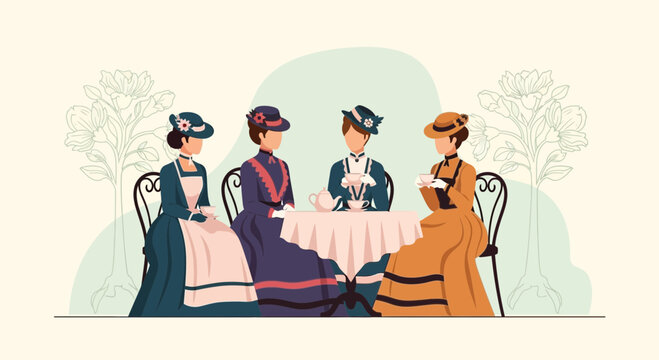 Elegant Ladies Enjoying Afternoon Tea in Victorian Fashion Illustration