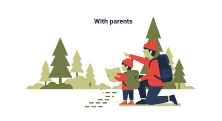 Father And Son Hiking In The Forest Looking At Map Navigating Together