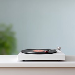 Modern Turntable with Vinyl Record on White Table Surface