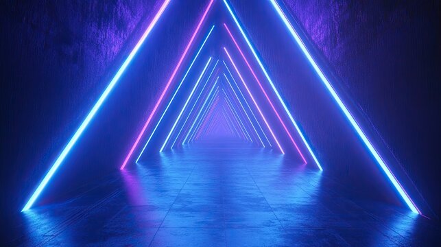 Abstract blue glowing background with light rays and neon lines in the dark