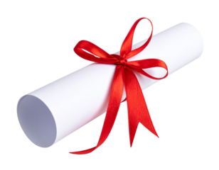 Rolled diploma certificate tied with red ribbon from graduation, isolated on white background